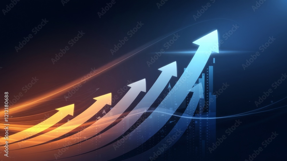 Abstract Arrows Ascending Dynamically Over Technological Cityscape. Abstract Arrows Ascending Dynamically Over Technological Cityscape.
