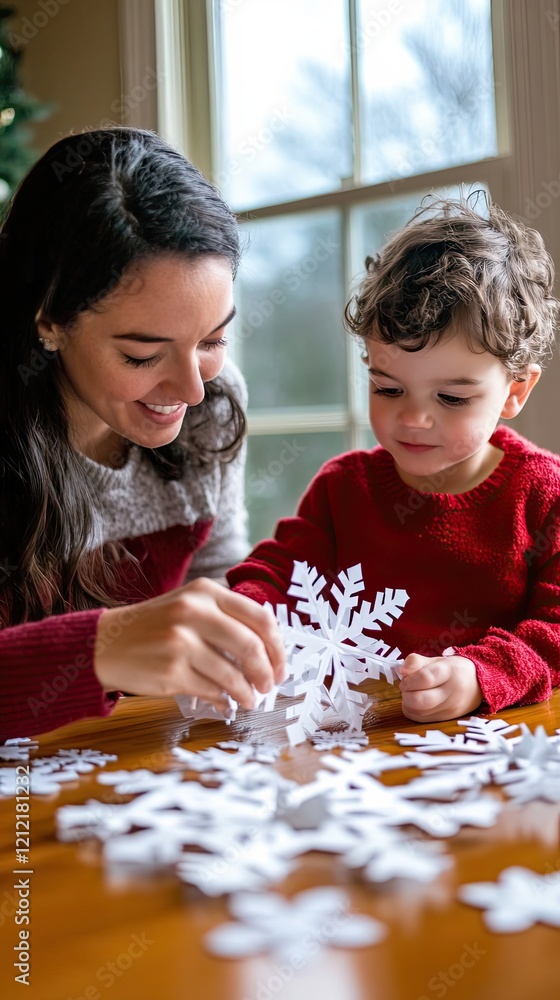 Fototapeta premium Mother and Son Making Paper Snowflakes Together