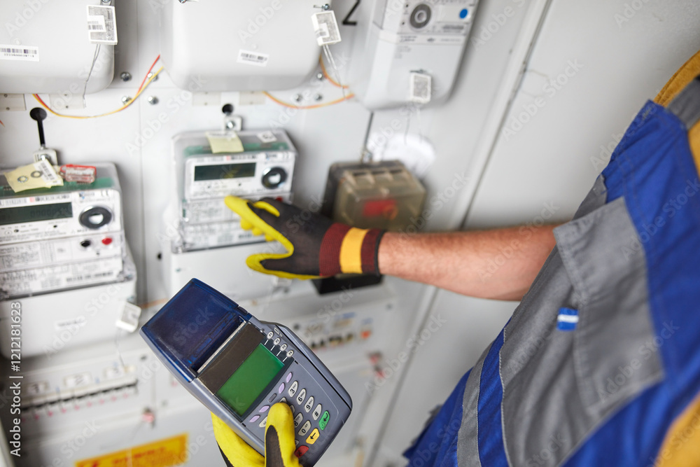Technician reading consumption and charging on a wireless electricity power meter station in a building.