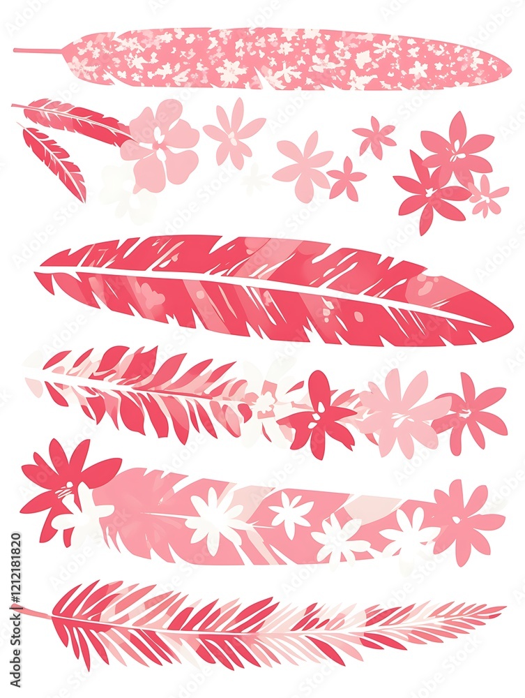 Pink floral feather design elements. Pink floral feather design elements.