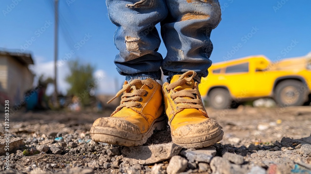 Fototapeta premium Child s Mud Spattered Yellow Boots on Rough Ground Poverty Concept