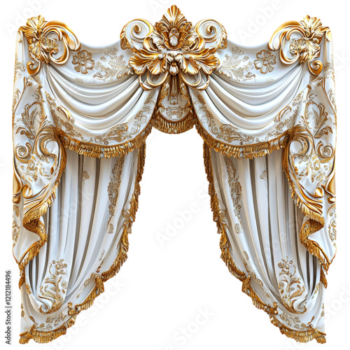 Elegant Gold and White Curtain Design with Floral Motif Isolated on transparent background