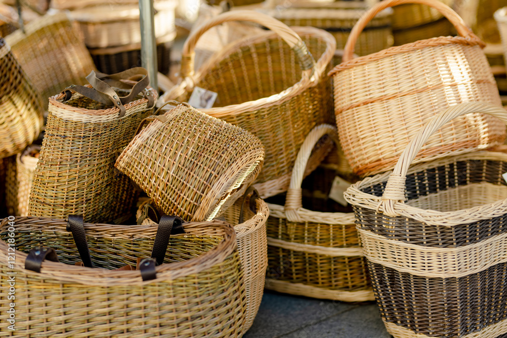 Wicker baskets of various sizes sold on Easter market in Vilnius. Annual fair held in March on the streets of capital of Lithuania. Wicker baskets of various sizes sold on Easter market in Vilnius. Annual fair held in March on the streets of capital of Lithuania.