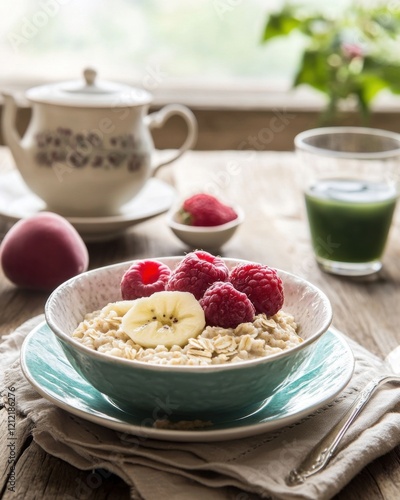 A serene breakfast nook with vegan dishes, featuring oatmeal, fresh fruit photo