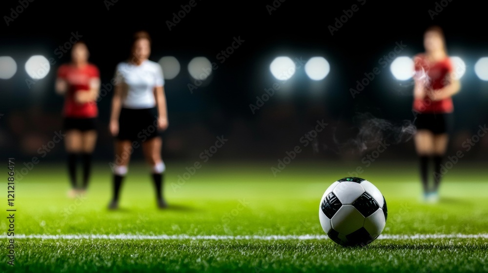 Fototapeta premium Soccer Ball on Field with Blurred Female Players at Night Game