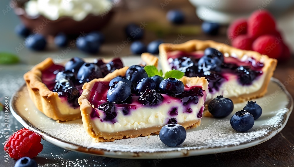 Delicious blueberry cream tart with raspberries cozy kitchen setting food photography natural light Delicious blueberry cream tart with raspberries cozy kitchen setting food photography natural light
