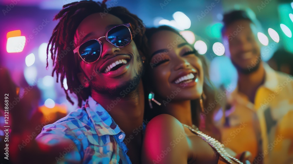 Young adults dancing under colorful lights at a nightclub, carefree joy, vibrant energy, and joyful connection. Young adults dancing under colorful lights at a nightclub, carefree joy, vibrant energy, and joyful connection.