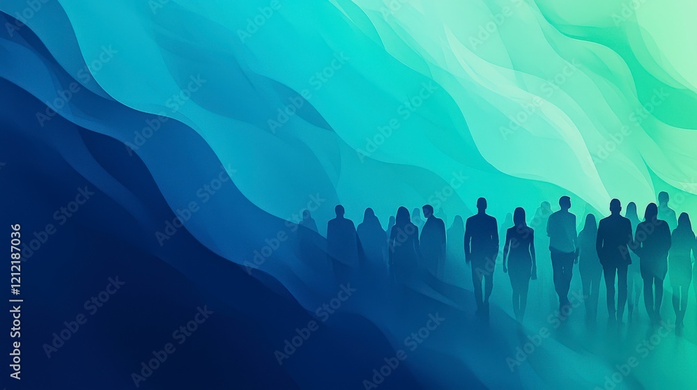 An ethereal scene showcases misty silhouettes of people emerging from a calm blue background, representing the collective human journey through uncertainty and serenity. An ethereal scene showcases misty silhouettes of people emerging from a calm blue background, representing the collective human journey through uncertainty and serenity.