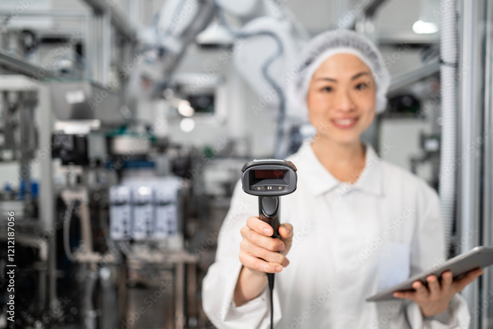 Portrait of Japanese engineer with bar code scanner controlling quality in electronics production factory. Quality control in automated robotic production factory. Portrait of Japanese engineer with bar code scanner controlling quality in electronics production factory. Quality control in automated robotic production factory.