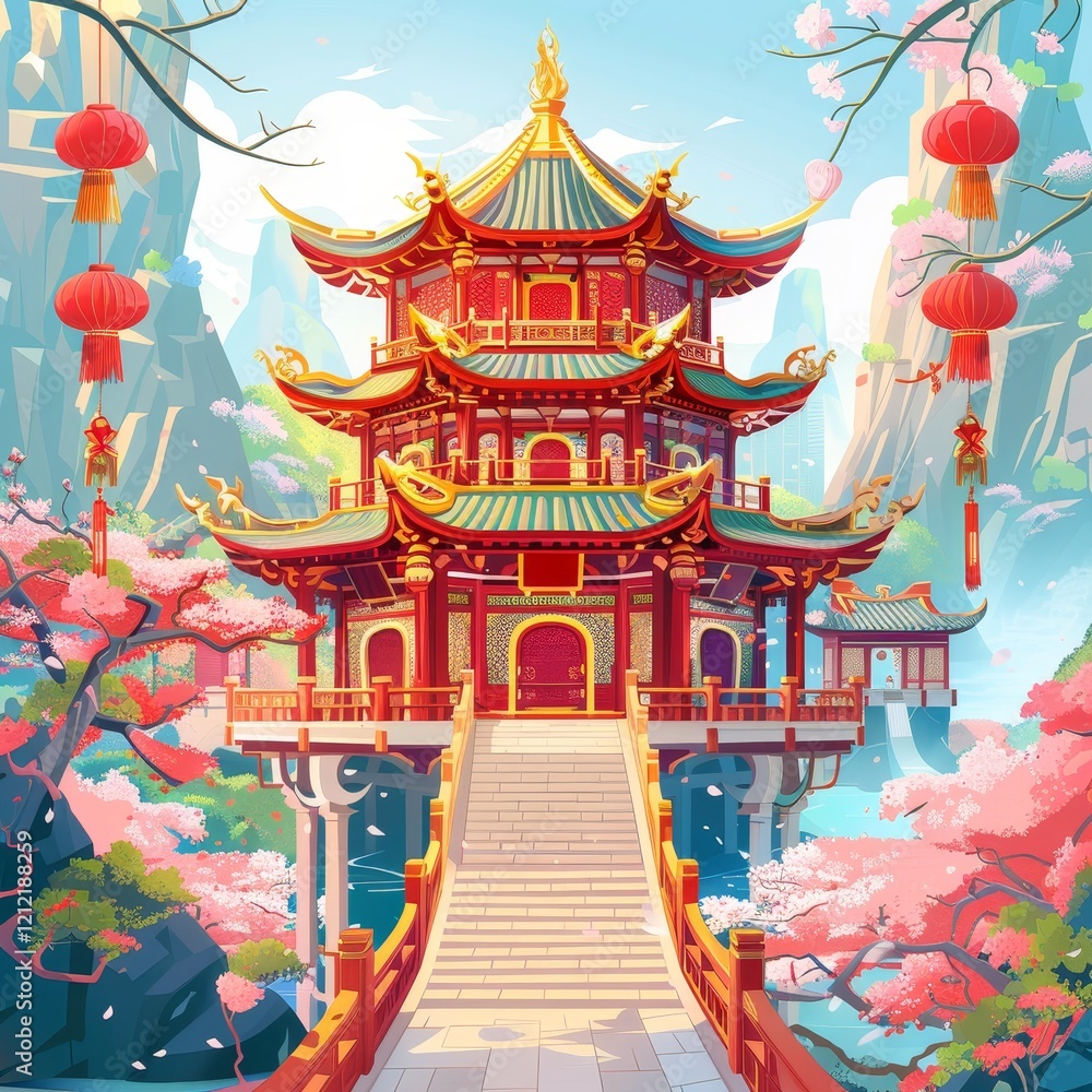 Fototapeta premium A traditional Chinese pagoda with red lanterns and cherry blossom trees in a scenic mountain landscape.