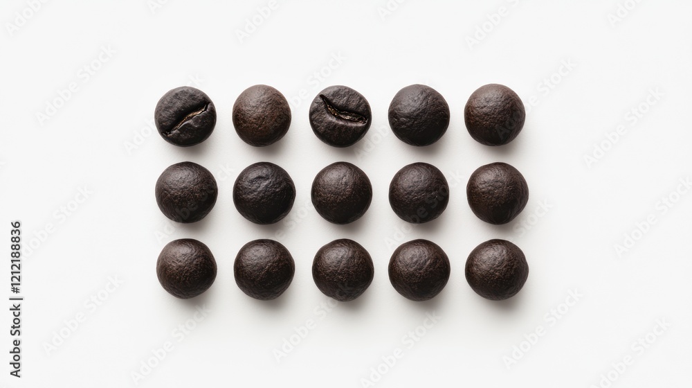 Peaberry coffee beans arranged in a top-view layout, showcasing their unique round shape. Peaberry coffee beans arranged in a top-view layout, showcasing their unique round shape.