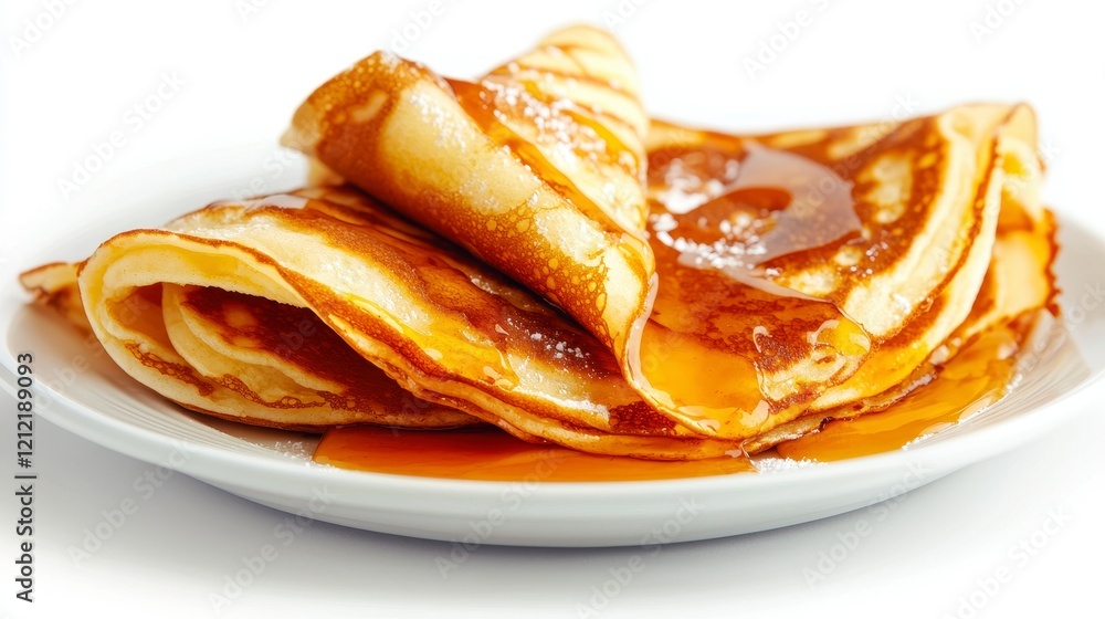 Delicious Golden Pancakes with Maple Syrup on White Plate Delicious Golden Pancakes with Maple Syrup on White Plate