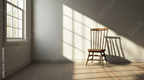 One plush  neutral-toned armchair by a window  light pouring in  casting shadows.