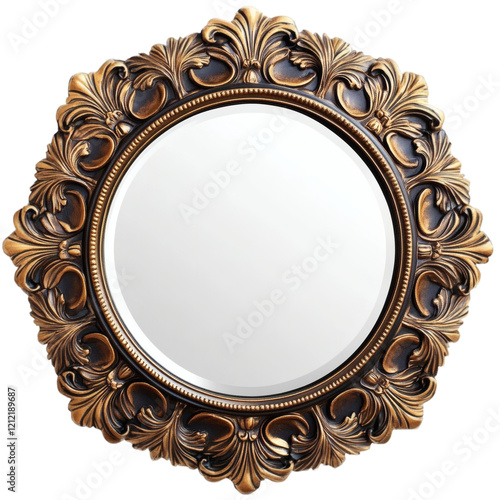 A decorative round mirror without a frame, isolated on white.