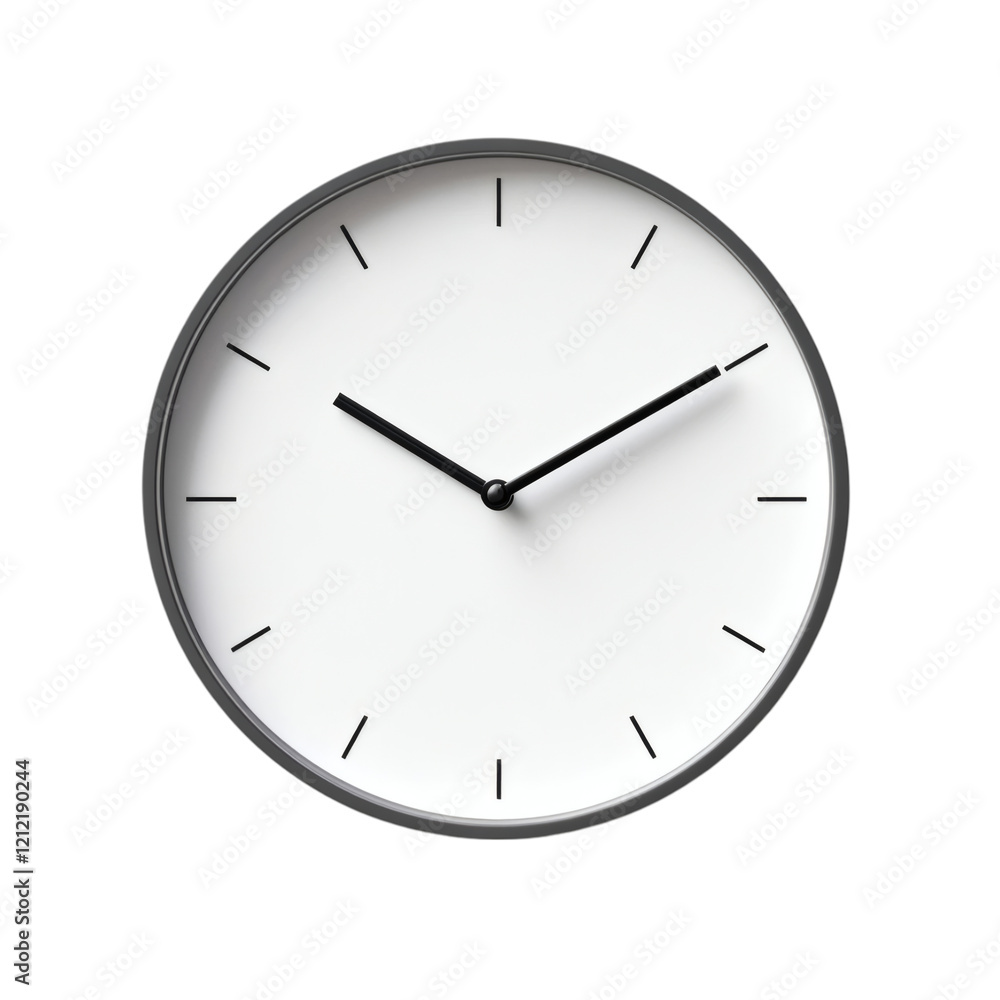 A modern round clock with plain black hands, floating on pure white. A modern round clock with plain black hands, floating on pure white.
