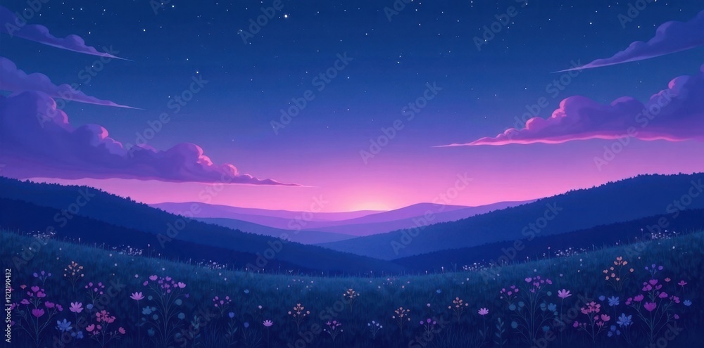 Fototapeta premium Serene Twilight Landscape Featuring a Field of Wildflowers and Rolling Hills Under a Starry Sky