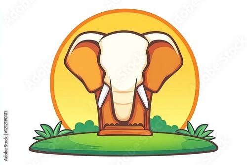 Cartoon illustration of an elephant head against a sunset with green foliage in the foreground photo