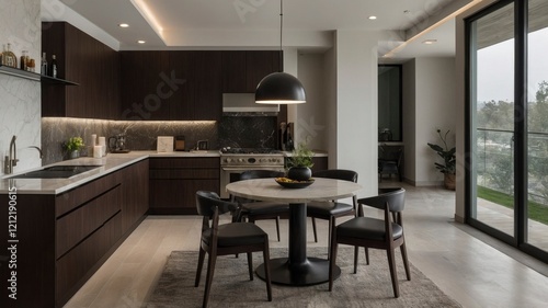 Modern Kitchen Dining Area  Dark Wood  Marble  and Natural Light
