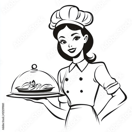 Woman chef serving food, illustration photo