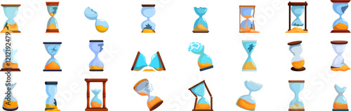 Broken hourglass icons set. Set of hourglass icons representing the passage of time, featuring sand timers in various states, including broken, whole, and with flowing sand