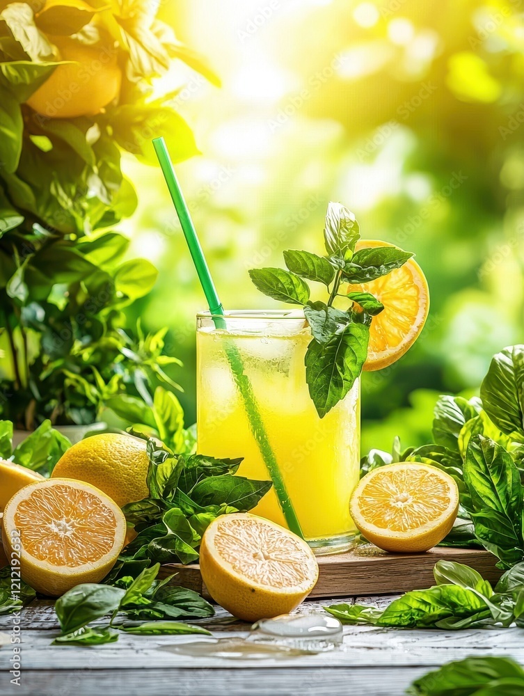 Fototapeta premium Refreshing Lemonade Preparation, Outdoor Garden, Beverage Photography, Bright Environment, Close-Up View, Summer Vibes