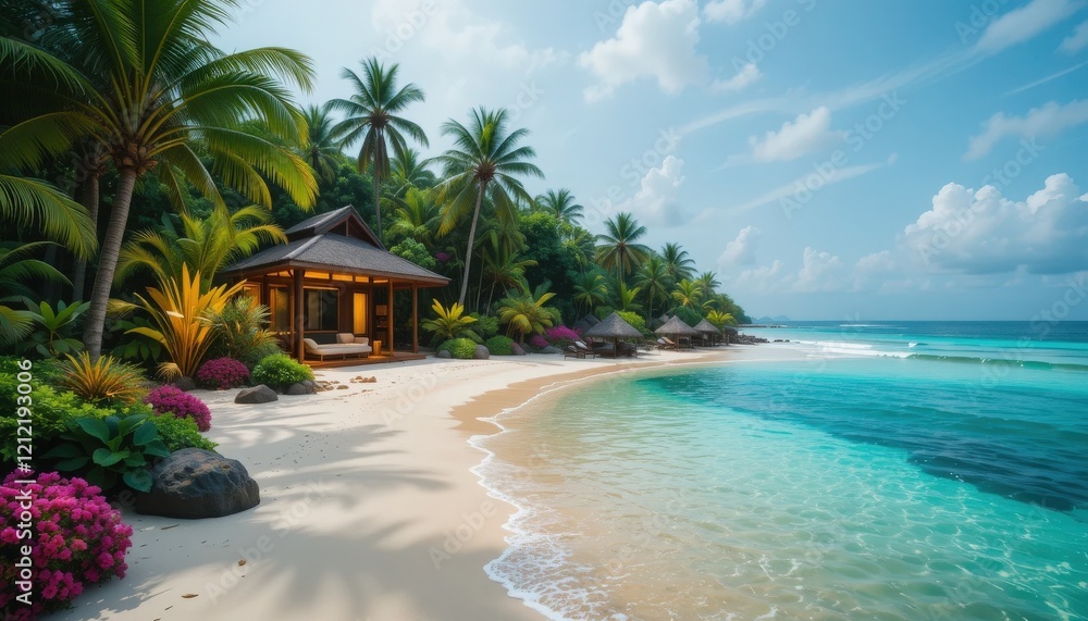 Fototapeta premium Sugar-white sands meet crystal-clear turquoise waters in a serene tropical setting. Lush palms sway gently as colorful flowers enhance the beauty of this hidden gem