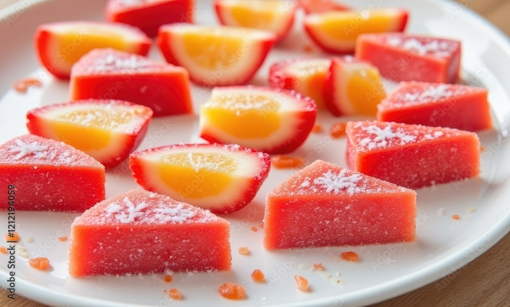 Colorful fruit-shaped jelly desserts on plate Colorful fruit-shaped jelly desserts on plate