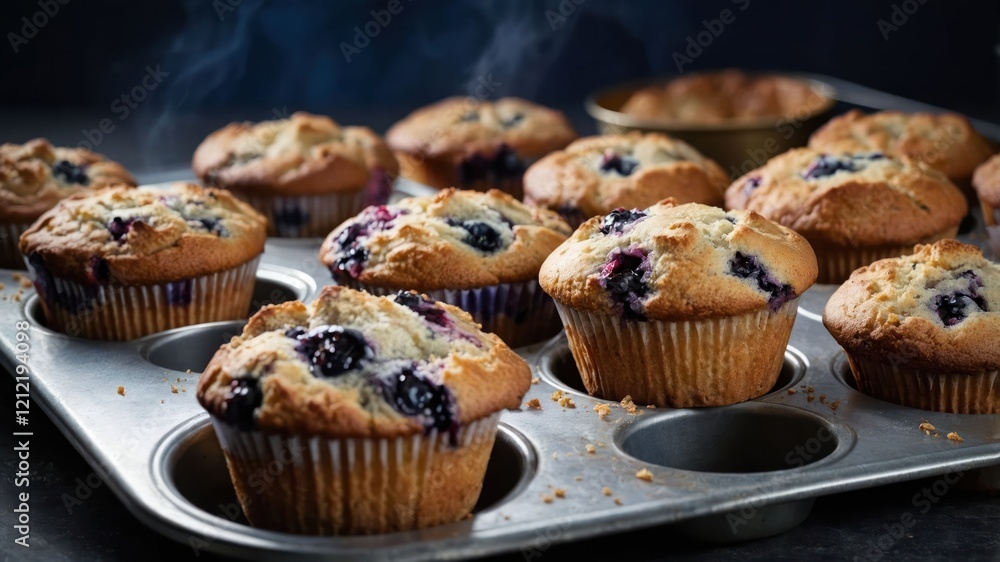 Freshly baked blueberry muffins cooling in a metal tray, emanating steam. Freshly baked blueberry muffins cooling in a metal tray, emanating steam.