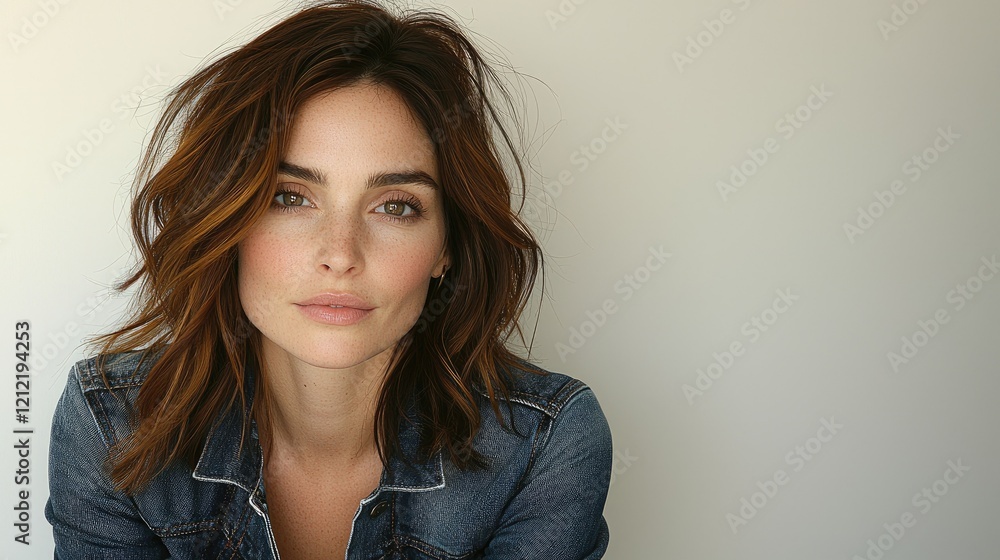 Woman with Brown Hair Wearing a Denim Jacket Woman with Brown Hair Wearing a Denim Jacket