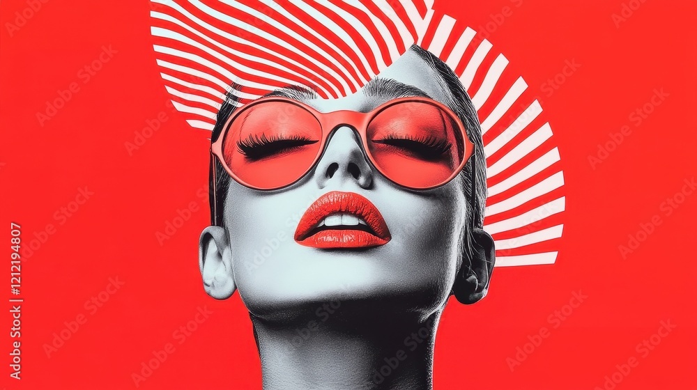 Bold Fashion Portrait with Red Background and Striped Accents Bold Fashion Portrait with Red Background and Striped Accents