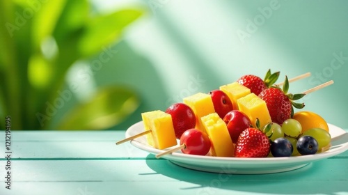 A refreshing summer fruit skewer featuring vibrant yellow cubes and juicy red berries, arranged on a delicate pale-green wooden table, bathed in sunlight.