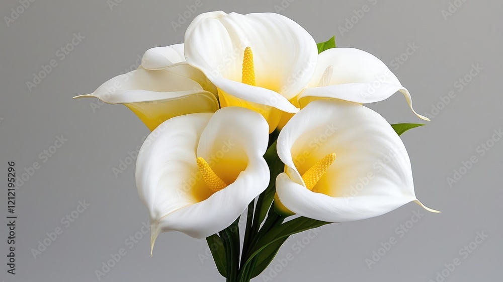 Fototapeta premium White calla lilies bouquet, studio shot, grey background, floral arrangement, wedding decor