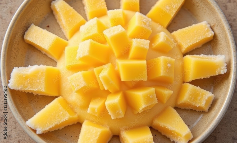 Colorful mango dessert resembling sun shape Colorful mango dessert resembling sun shape
