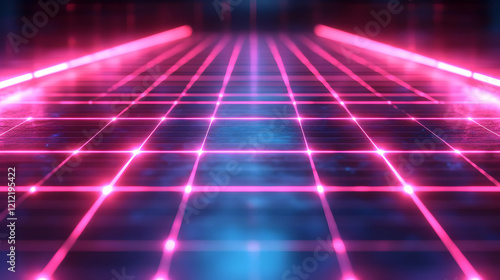 Vibrant Pink and Blue Neon Grid Lines Glow in Dark Futuristic Setting