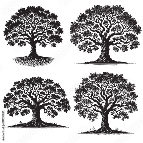 Vector Silhouettes of the Sessile Oak Tree Isolated on a White Background