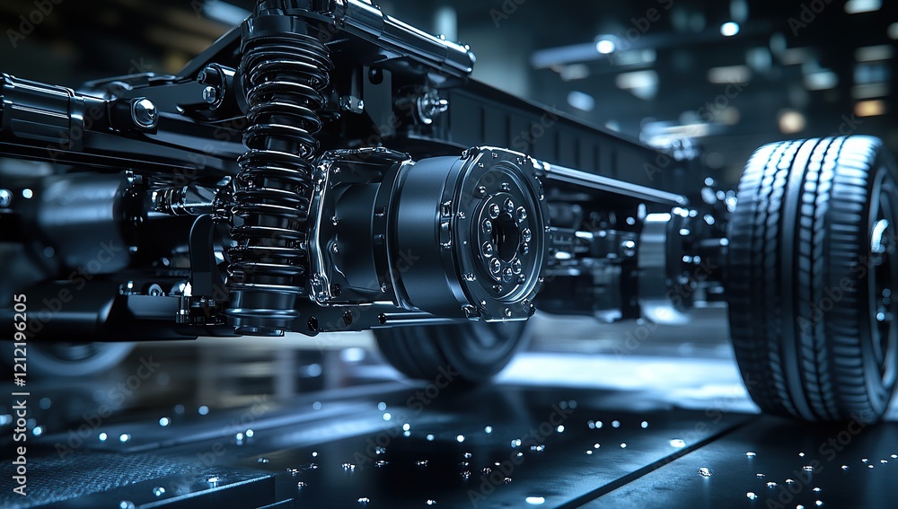 Fototapeta premium A close-up photo of the rear suspension on an electric truck, showcasing its intricate design