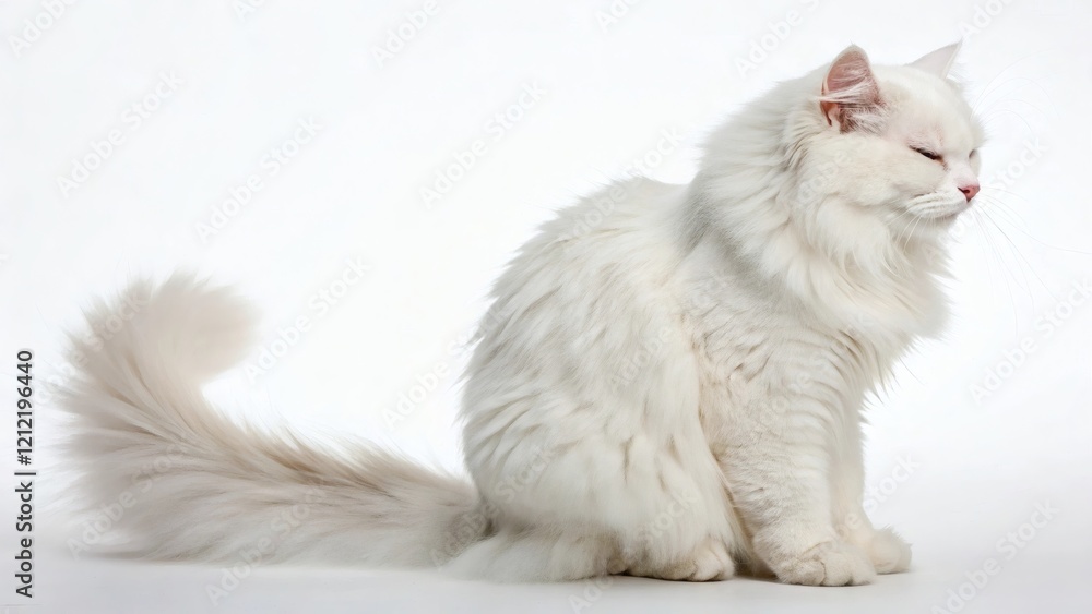 Obraz premium Fluffy white cat on a white background with a fluffy tail