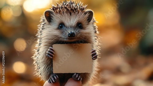 A cute hedgehog holding a blank sign in a vibrant autumn setting with blurred foliage in the background