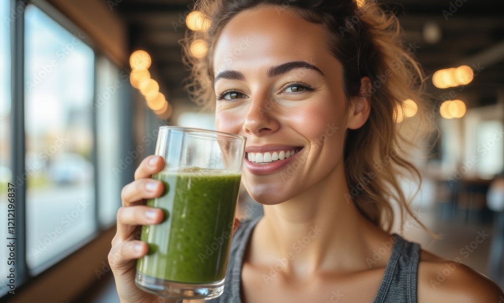 Smiling woman enjoying a green smoothie Smiling woman enjoying a green smoothie
