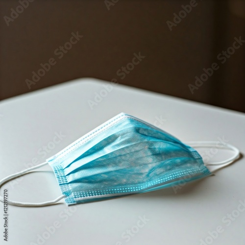 A modern medical face mask neatly folded, placed on a clean white table.