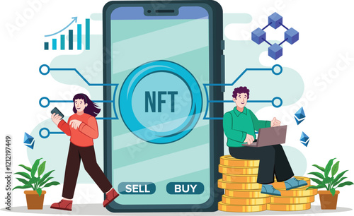 NFT Marketplace Digital Illustration for Buying and Selling Features an online marketplace where users trade NFTs and digital assets.