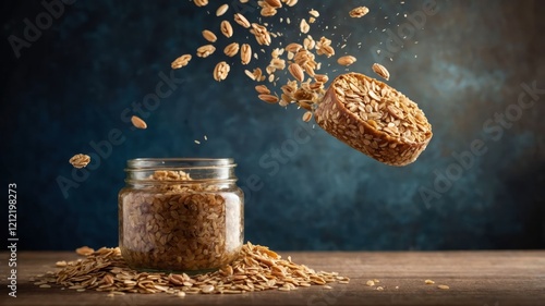 A jar of oats with scattered grains and a floating oat cake, emphasizing healthy eating. photo