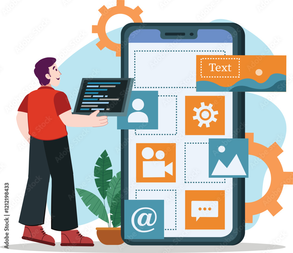 App Development Illustration with Code and User Interface Design Elements Combines code development with user interface elements, showcasing app creation. App Development Illustration with Code and User Interface Design Elements Combines code development with user interface elements, showcasing app creation.