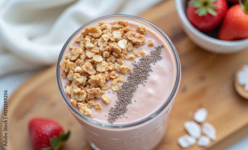 Delicious smoothie topped with granola and seeds Delicious smoothie topped with granola and seeds