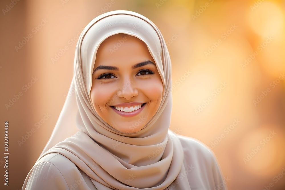 Beautiful Muslim woman wearing hijab smiling against a warm background with copy space Beautiful Muslim woman wearing hijab smiling against a warm background with copy space