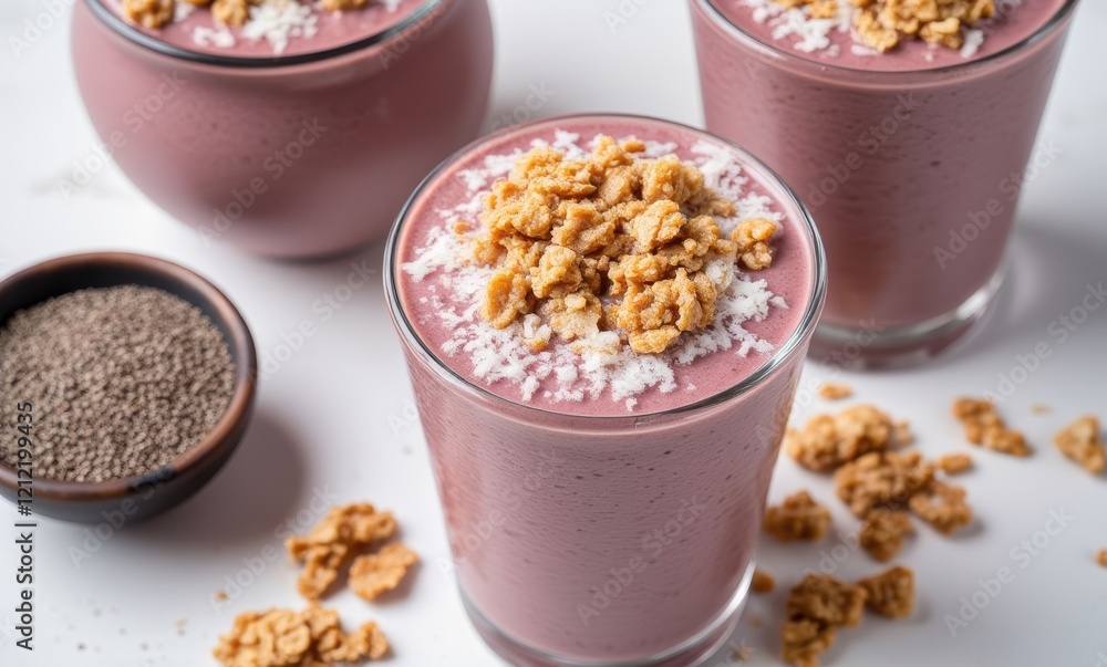 Delicious berry smoothie with granola topping Delicious berry smoothie with granola topping