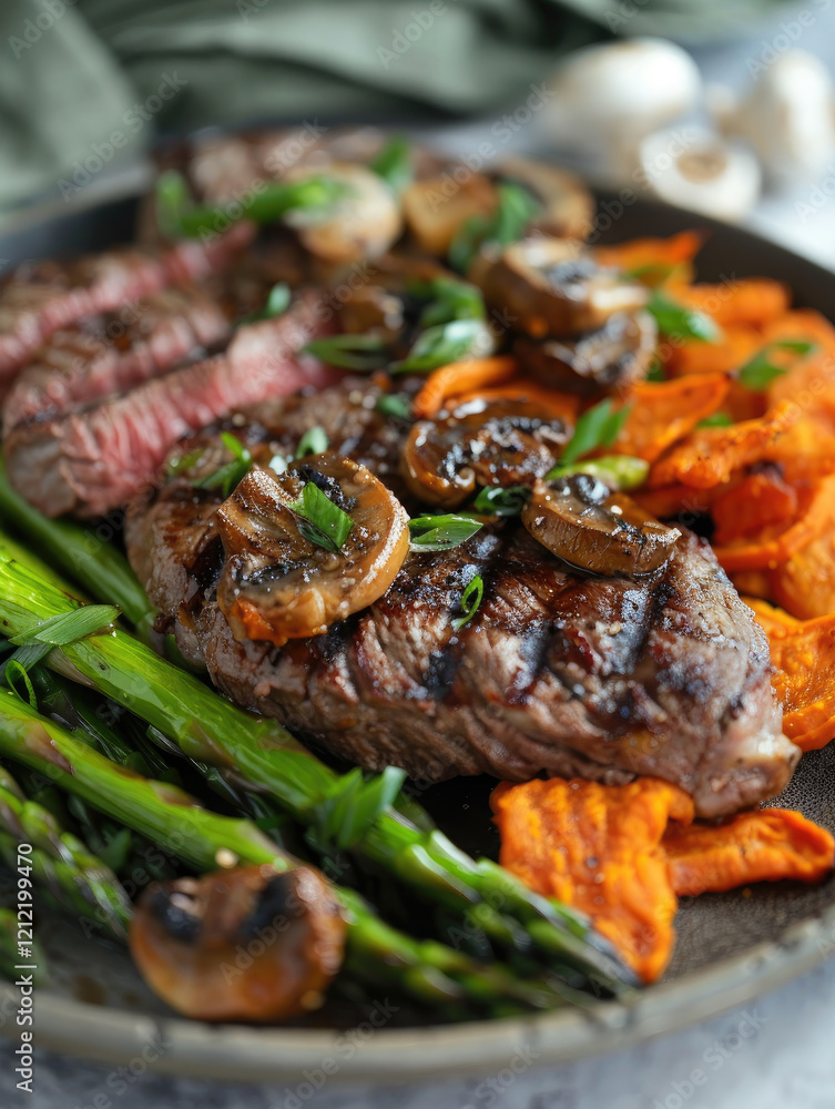 Grilled beef served with vegetables on a dark ceramic plate. Grilled beef served with vegetables on a dark ceramic plate.