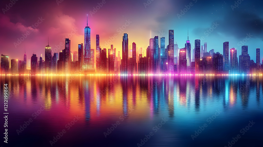 Vibrant City Skyline at Night with Colorful Reflections on Water Vibrant City Skyline at Night with Colorful Reflections on Water