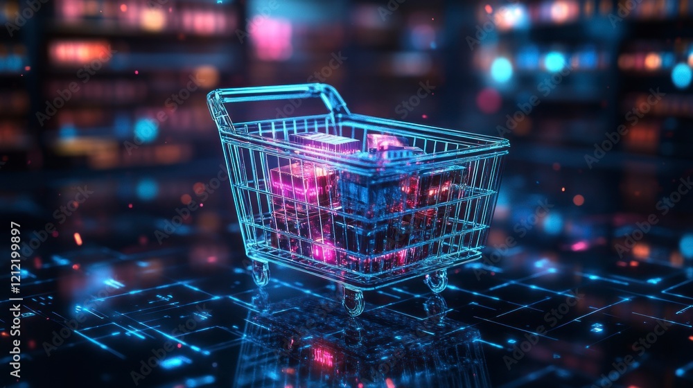 Ecommerce shopping basket displayed in a futuristic store digital art bright environment close-up view Ecommerce shopping basket displayed in a futuristic store digital art bright environment close-up view