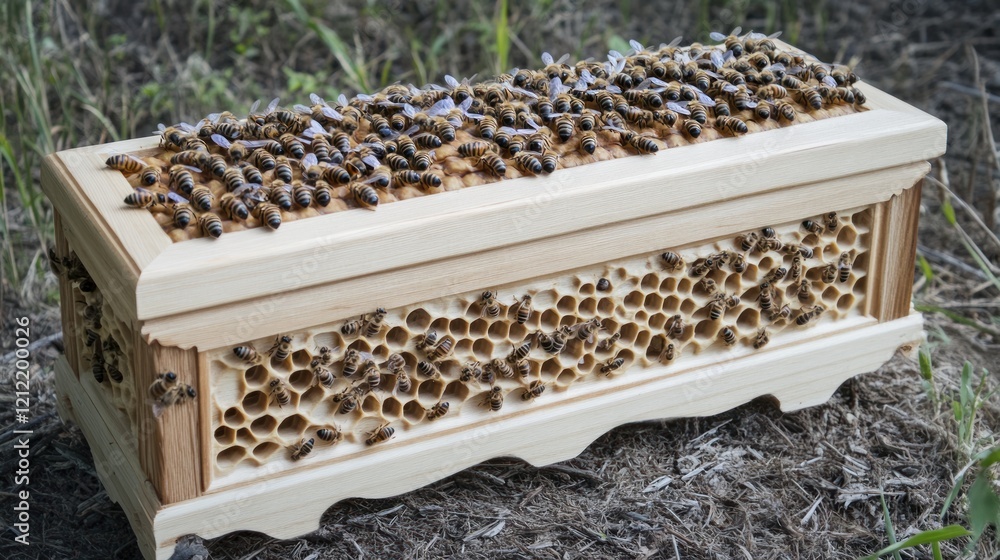 Bees swarming on a handcrafted wooden beehive. Bees swarming on a handcrafted wooden beehive.